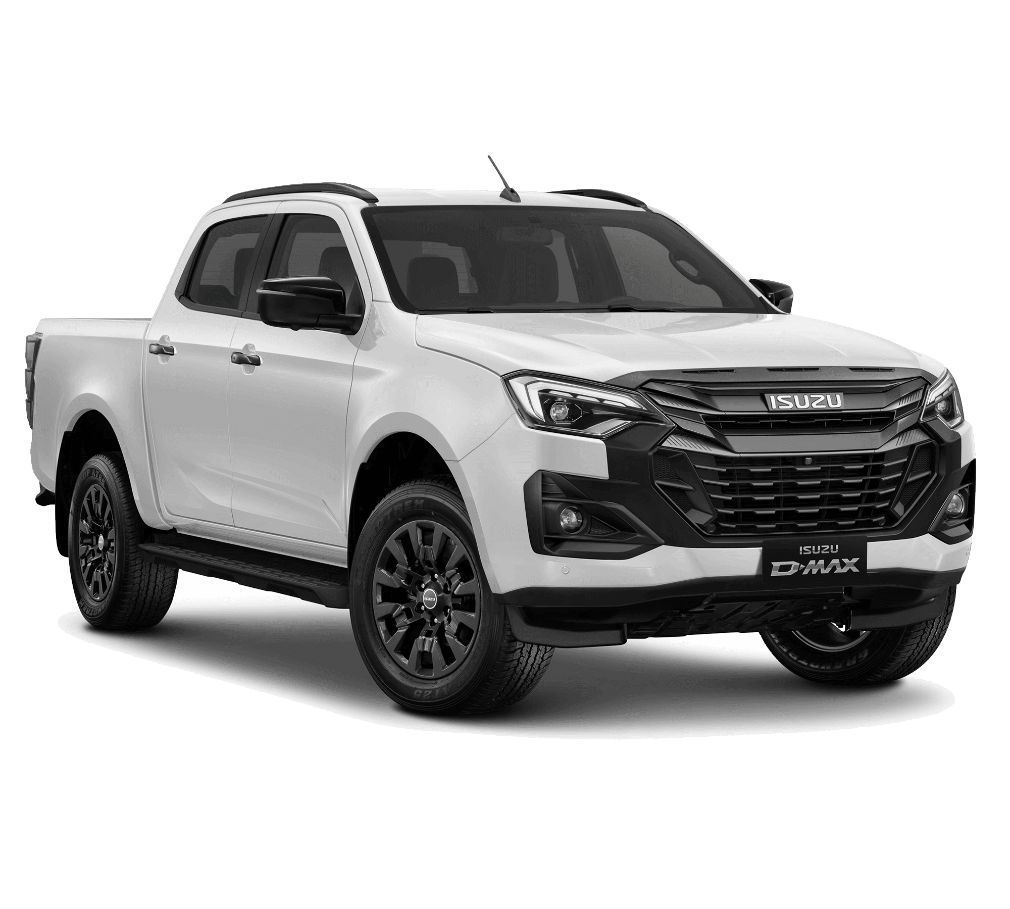 Splash White ISUZU D-MAX Double Cab V-CROSS 2.2L pickup truck, angled front view, showcasing bold grille, sleek headlights, and black alloy wheels.