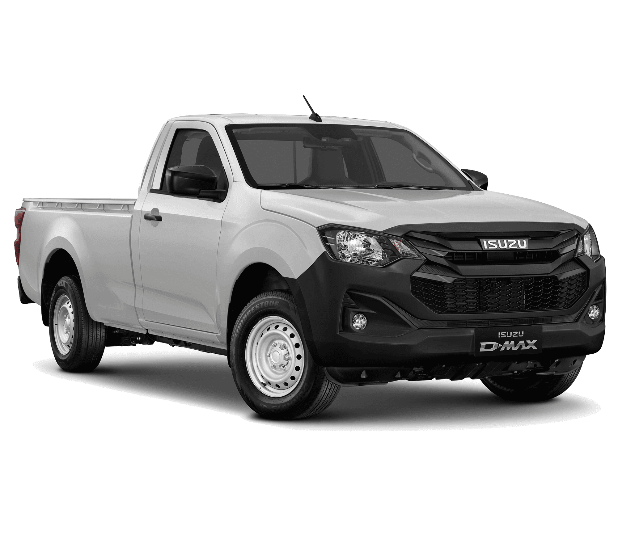 Splash White ISUZU D-MAX Single Cab 2.2L pickup truck with a single cab, black grille, and white wheels, viewed from the front-left angle.